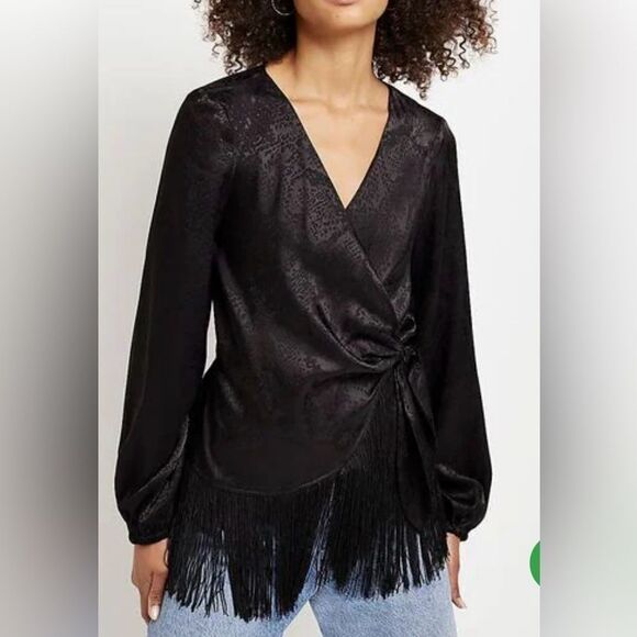 River Island Black Long Sleeve Wrap Fringe Hem Top Black US 10 NWT IN PACKAGING - Picture 1 of 9